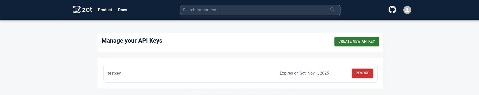 zot API keys view zot API keys view