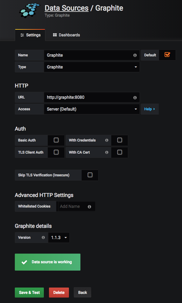 Add Data Source page Grafana Add Data Source