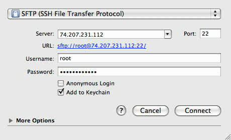 Connection details in Cyberduck on Mac OS X. Connection details in Cyberduck on Mac OS X.
