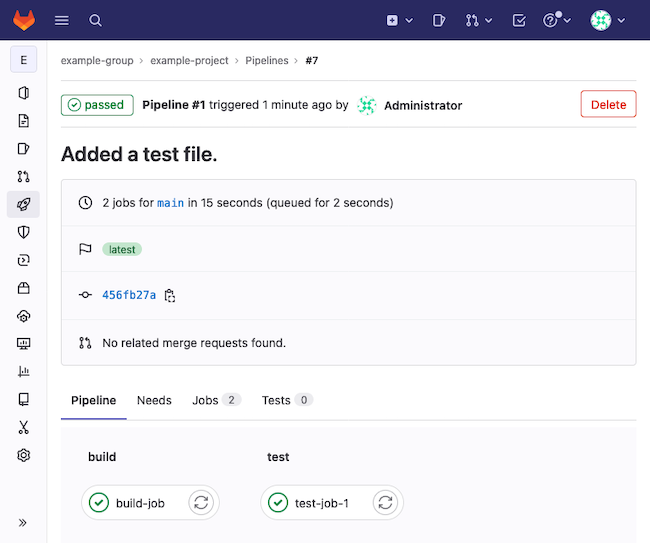 GitLab pipeline page with the example pipeline jobs GitLab pipeline page with the example pipeline jobs